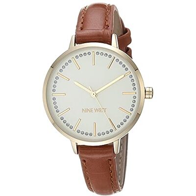 Nine West Montre Femme Bracelet Croco Grain Paillettes Accentué, marron/doré, Sangle Nine West Montre Femme Bracelet Croco Grain Paillettes Accentué, marron/doré, Sangle