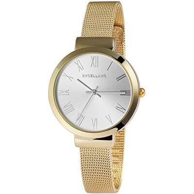 Excellanc Montre femme 1300036 en acier inoxydable, bracelet en maille avec crochet analogique, quartz, Doré argenté, Bracelet Excellanc Montre femme 1300036 en acier inoxydable, bracelet en maille avec crochet analogique, quartz, Doré argenté, Bracelet