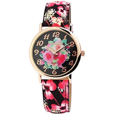 Excellanc Montre Femme Cuir Imitation Fleurs Montre Analogique Quartz 1900177, Rose, sangle Excellanc Montre Femme Cuir Imitation Fleurs Montre Analogique Quartz 1900177, Rose, sangle