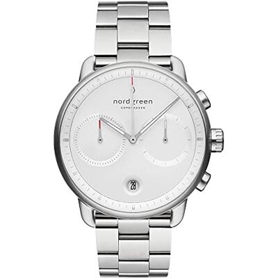 Nordgreen Pioneer Montre Chronographe pour Hommes Minimaliste Argenté Large 42mm Face Cadran Blanc et Bracelets Interchangeables, Bracelet À 3 Maillons Argenté, 42mm, bracelet Nordgreen Pioneer Montre Chronographe pour Hommes Minimaliste Argenté Large 42mm Face Cadran Blanc et Bracelets Interchangeables, Bracelet À 3 Maillons Argenté, 42mm, bracelet