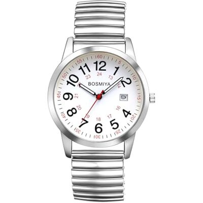 JewelryWe Montre à quartz analogique classique pour homme et femme Bracelet élastique en acier inoxydable Avec grands chiffres Cadran 24 heures, Type 2 : argenté, Bracelet JewelryWe Montre à quartz analogique classique pour homme et femme Bracelet élastique en acier inoxydable Avec grands chiffres Cadran 24 heures, Type 2 : argenté, Bracelet