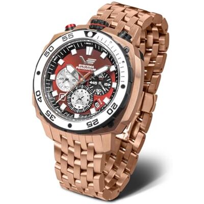 Vostok Europe Systema Periodicum 650A722-B Montre chronographe Oxygen pour homme avec bracelet en métal, Or rose/rouge Bracelet en acier, Bracelet Vostok Europe Systema Periodicum 650A722-B Montre chronographe Oxygen pour homme avec bracelet en métal, Or rose/rouge Bracelet en acier, Bracelet