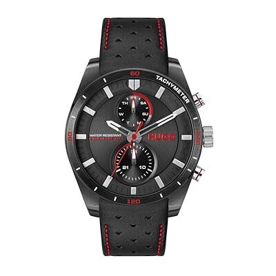 HUGO Montre à quartz analogique multifonction pour homme Collection #FAST avec bracelet en acier inoxydable et cuir, Noir, Moderne HUGO Montre à quartz analogique multifonction pour homme Collection #FAST avec bracelet en acier inoxydable et cuir, Noir, Moderne