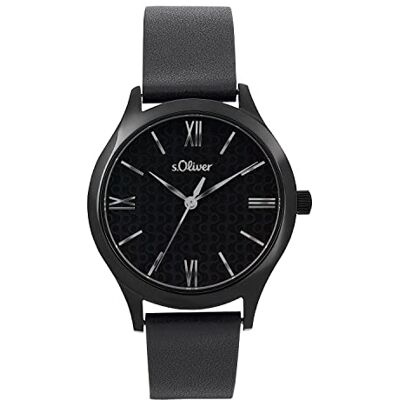 s.Oliver Montre analogique à quartz pour femme avec bracelet en cuir, noire, étanche jusqu'à 5 bars, livrée dans un coffret cadeau, 2035439 s.Oliver Montre analogique à quartz pour femme avec bracelet en cuir, noire, étanche jusqu'à 5 bars, livrée dans un coffret cadeau, 2035439