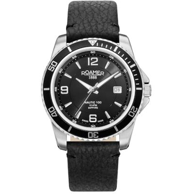 Roamer Nautic 100 862844 Montre analogique à quartz pour homme en cuir, Argenté/noir/noir 862844 41 55 02, bracelet Roamer Nautic 100 862844 Montre analogique à quartz pour homme en cuir, Argenté/noir/noir 862844 41 55 02, bracelet