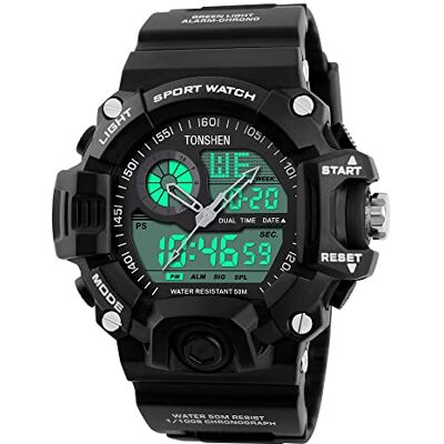 TONSHEN Montre de sport pour homme étanche à 50 m Étanche à l'eau Quartz analogique LED Double fuseau horaire Multifonctions Montre numérique en plastique et caoutchouc Noir, Noir , Sangle TONSHEN Montre de sport pour homme étanche à 50 m Étanche à l'eau Quartz analogique LED Double fuseau horaire Multifonctions Montre numérique en plastique et caoutchouc Noir, Noir , Sangle