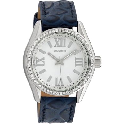 Oozoo Timepieces UOC10223 Montre analogique pour femme en cuir bleu foncé, Argenté/blanc, lanière Oozoo Timepieces UOC10223 Montre analogique pour femme en cuir bleu foncé, Argenté/blanc, lanière