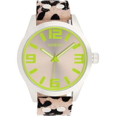 Oozoo C0902 Montre pour femme avec boîtier en métal argenté, cadran taupe, bracelet aspect léopard, mouvement à quartz japonais, verre minéral 46 mm Oozoo C0902 Montre pour femme avec boîtier en métal argenté, cadran taupe, bracelet aspect léopard, mouvement à quartz japonais, verre minéral 46 mm