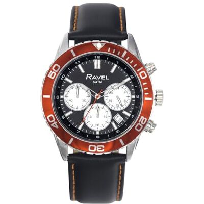 Ravel Plus Montre Chronographique Sport Homme Argent 42mm avec Lunette à Rotation Unidirectionnelle Résistance à L'eau 50M Quartz Analogique Japonais RP.CHR-006M Bord Noir/Orange Ravel Plus Montre Chronographique Sport Homme Argent 42mm avec Lunette à Rotation Unidirectionnelle Résistance à L'eau 50M Quartz Analogique Japonais RP.CHR-006M Bord Noir/Orange