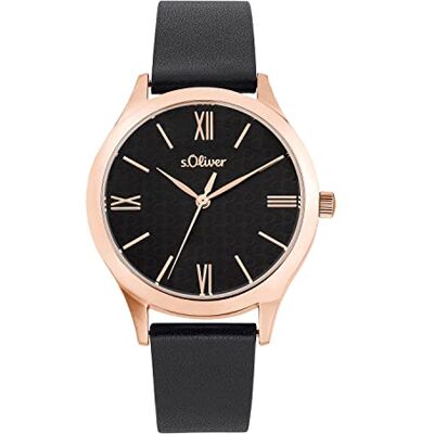 s.Oliver Montre analogique à quartz pour femme avec bracelet en cuir, noire, étanche jusqu'à 5 bars, livrée dans un coffret cadeau, 2035441 s.Oliver Montre analogique à quartz pour femme avec bracelet en cuir, noire, étanche jusqu'à 5 bars, livrée dans un coffret cadeau, 2035441