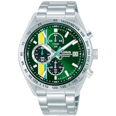 Lorus RM395JX9 Montre pour homme à mouvement à quartz, boîtier en acier inoxydable 43 mm, bracelet en cuir, cadran noir, étanche 10 ATM, style sportif et élégant (argenté vert) Lorus RM395JX9 Montre pour homme à mouvement à quartz, boîtier en acier inoxydable 43 mm, bracelet en cuir, cadran noir, étanche 10 ATM, style sportif et élégant (argenté vert)