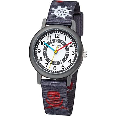REGENT Montre pour garçon Montre enfant pirate avec bracelet en tissu chiffres arabes à quartz, gris/blanc, Sangles REGENT Montre pour garçon Montre enfant pirate avec bracelet en tissu chiffres arabes à quartz, gris/blanc, Sangles