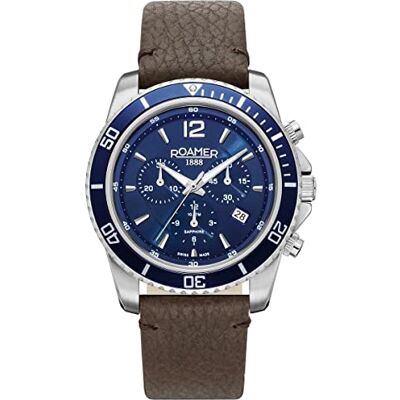 Roamer Montre analogique à quartz chronographe Nautic Chrono 100 862837 en cuir, Argent/Bleu/Bleu -862837 41 45 02, sangle Roamer Montre analogique à quartz chronographe Nautic Chrono 100 862837 en cuir, Argent/Bleu/Bleu -862837 41 45 02, sangle
