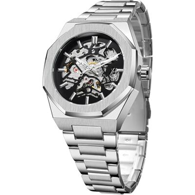 FORSINING Octagonal Montre automatique pour homme en acier inoxydable noir avec cadran sculpté de luxe pour homme, Argent (Silver), Bracelet FORSINING Octagonal Montre automatique pour homme en acier inoxydable noir avec cadran sculpté de luxe pour homme, Argent (Silver), Bracelet
