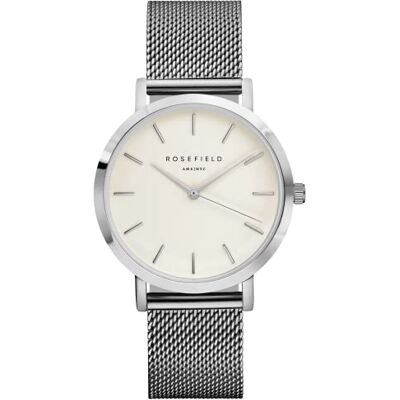 Rosefield Femme Montre The Tribeca: Argent 33mm Boîtier Rond avec Cadran Blanc and Bracelet Argent en Maille milanaise MWS-M40, Argenté, Bracelet Rosefield Femme Montre The Tribeca: Argent 33mm Boîtier Rond avec Cadran Blanc and Bracelet Argent en Maille milanaise MWS-M40, Argenté, Bracelet