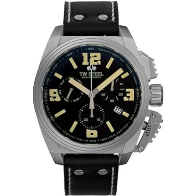 TW Steel Swiss Canteen Montre chronographe à quartz pour homme avec bracelet en cuir 46 mm, noir, lanière TW Steel Swiss Canteen Montre chronographe à quartz pour homme avec bracelet en cuir 46 mm, noir, lanière