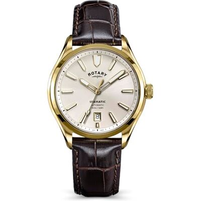 Rotary Seamatic Montre étanche à 100 m en acier inoxydable plaqué or avec bracelet en cuir crocodile marron foncé Rotary Seamatic Montre étanche à 100 m en acier inoxydable plaqué or avec bracelet en cuir crocodile marron foncé