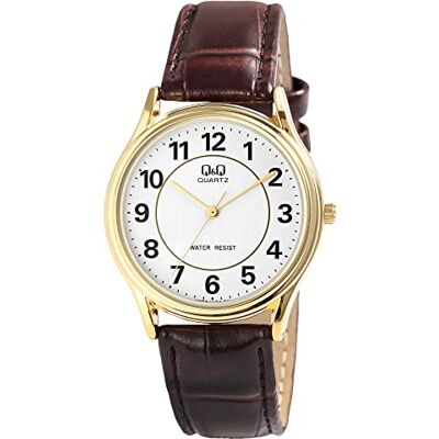 Q&Q Montre pour homme en cuir doré/marron, Sangle Q&Q Montre pour homme en cuir doré/marron, Sangle