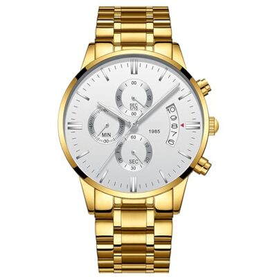 RORIOS Classique Montre Homme Quartz Analogique Montre Chronographe Montres avec Calendrie Acier Inoxydable Sangle Cadran Lumineux Montre Homme, Or Blanc, bracelet RORIOS Classique Montre Homme Quartz Analogique Montre Chronographe Montres avec Calendrie Acier Inoxydable Sangle Cadran Lumineux Montre Homme, Or Blanc, bracelet