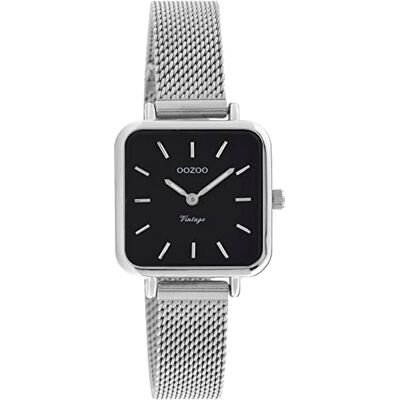 Oozoo Montre vintage pour femme Avec bracelet en maille métallique de 12 mm Analogique Carré, noir/argent, Bracelet Oozoo Montre vintage pour femme Avec bracelet en maille métallique de 12 mm Analogique Carré, noir/argent, Bracelet