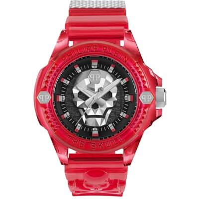 Philipp Plein The $Kull Montre analogique à quartz pour homme en silicone synthétique, Rouge/noir Pwwaa0223 Philipp Plein The $Kull Montre analogique à quartz pour homme en silicone synthétique, Rouge/noir Pwwaa0223