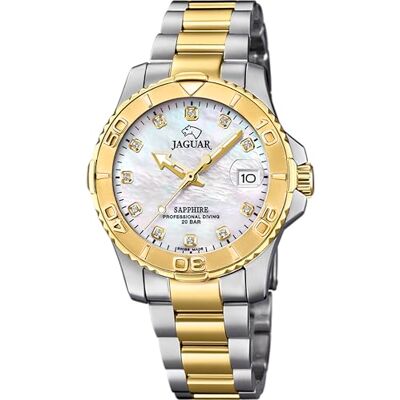 JAGUAR Montre modèle J896 / 3 de la Collection Woman, boîtier Blanc 34 mm avec Bracelet en Acier Bicolore pour Femme J896/3 JAGUAR Montre modèle J896 / 3 de la Collection Woman, boîtier Blanc 34 mm avec Bracelet en Acier Bicolore pour Femme J896/3