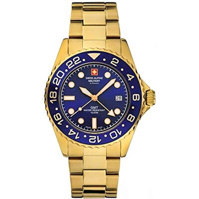 Alpine 7052 Montre pour homme à quartz analogique en acier inoxydable, Or/Noir/Bleu 1115sam, Classique avec fonction GMT Alpine 7052 Montre pour homme à quartz analogique en acier inoxydable, Or/Noir/Bleu 1115sam, Classique avec fonction GMT