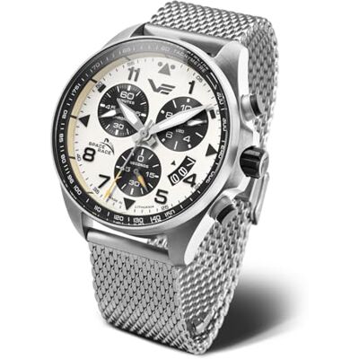 Vostok Europe Space Race Montre chronographe pour homme Diamètre 46 mm 20 ATM Date en différentes variantes, Argenté/blanc/bracelet en métal, Bracelet Vostok Europe Space Race Montre chronographe pour homme Diamètre 46 mm 20 ATM Date en différentes variantes, Argenté/blanc/bracelet en métal, Bracelet