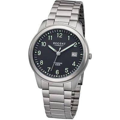 REGENT Montre pour homme avec bracelet en titane et boîtier en titane 36 mm de diamètre à quartz chiffres arabes date, argenté, Bracelet REGENT Montre pour homme avec bracelet en titane et boîtier en titane 36 mm de diamètre à quartz chiffres arabes date, argenté, Bracelet
