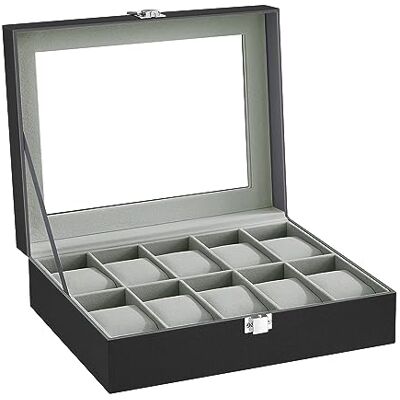 SONGMICS Boîte à Montres pour 10 Montres, Coffre avec Couvercle en Verre, avec Porte-montre Amovible, Doublure en Velours, Fermoir en Métal, Surface Noire, Grise JWB010BK SONGMICS Boîte à Montres pour 10 Montres, Coffre avec Couvercle en Verre, avec Porte-montre Amovible, Doublure en Velours, Fermoir en Métal, Surface Noire, Grise JWB010BK