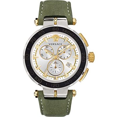 Versace Greca VEPM00220 Chrono Montre à quartz pour homme, cadran argenté, bracelet en cuir vert, 45 mm, 5 ATM, Sangle, Sangle Versace Greca VEPM00220 Chrono Montre à quartz pour homme, cadran argenté, bracelet en cuir vert, 45 mm, 5 ATM, Sangle, Sangle