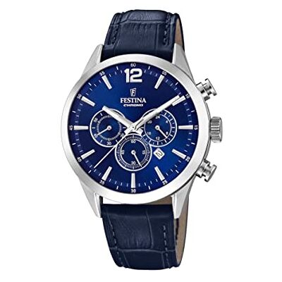 Festina Montre pour homme F20542/2 Timeless Chronograph Boîtier en acier inoxydable 316l argenté Bracelet en cuir bleu, bleu, Bracelet Festina Montre pour homme F20542/2 Timeless Chronograph Boîtier en acier inoxydable 316l argenté Bracelet en cuir bleu, bleu, Bracelet