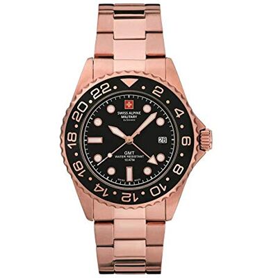 Alpine GMT 7052 Montre à quartz analogique pour homme en acier inoxydable, Rose/noir/noir 1167sam, Bracelet Alpine GMT 7052 Montre à quartz analogique pour homme en acier inoxydable, Rose/noir/noir 1167sam, Bracelet