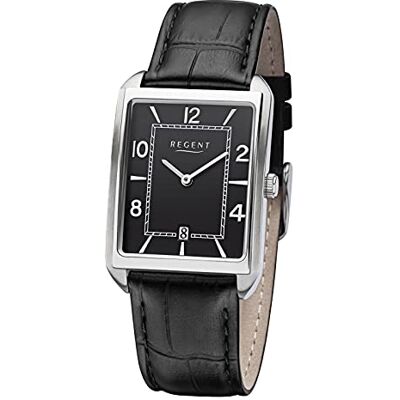 REGENT Montre pour homme avec aspect crocodile et bracelet en cuir en acier inoxydable Boîtier carré Chiffres arabes Date à quartz, argenté, bracelet REGENT Montre pour homme avec aspect crocodile et bracelet en cuir en acier inoxydable Boîtier carré Chiffres arabes Date à quartz, argenté, bracelet