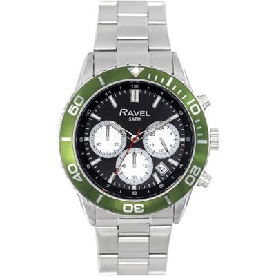 Ravel Plus Montre Chronographique Sport Homme Argent 42mm avec Lunette à Rotation Unidirectionnelle 5ATM Quartz Analogique Japonais RP.CHR-009MB Acier Inoxydable/Bord Vert Ravel Plus Montre Chronographique Sport Homme Argent 42mm avec Lunette à Rotation Unidirectionnelle 5ATM Quartz Analogique Japonais RP.CHR-009MB Acier Inoxydable/Bord Vert