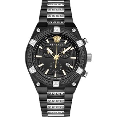Versace Greca VESO01022 Sporty Montre chronographe pour homme Noir/argenté 46 mm, Noir , Bracelet Versace Greca VESO01022 Sporty Montre chronographe pour homme Noir/argenté 46 mm, Noir , Bracelet
