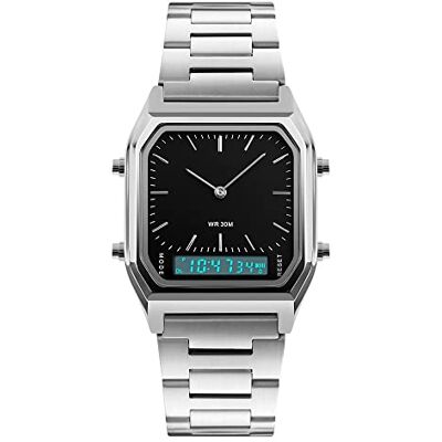 FeiWen Montre numérique unisexe Multifonction Acier inoxydable Quartz analogique LED Double temps Argenté FeiWen Montre numérique unisexe Multifonction Acier inoxydable Quartz analogique LED Double temps Argenté