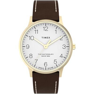 Timex Waterbury Montre pour hommes, 40 mm, bracelet en cuir marron à ouverture rapide, en deux pièces, cadran blanc, boîtier doré TW2W84400 Timex Waterbury Montre pour hommes, 40 mm, bracelet en cuir marron à ouverture rapide, en deux pièces, cadran blanc, boîtier doré TW2W84400