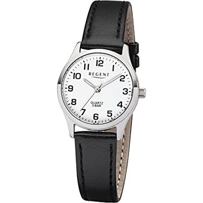 REGENT Montre à quartz pour femme avec bracelet en cuir en acier inoxydable 27 mm de diamètre 5 ATM Chiffres arabes, Noir, Sangles REGENT Montre à quartz pour femme avec bracelet en cuir en acier inoxydable 27 mm de diamètre 5 ATM Chiffres arabes, Noir, Sangles