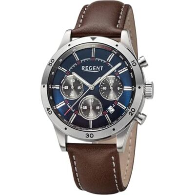 REGENT Montre Chronographe en acier inoxydable avec bracelet en cuir, date 5 bars BA-823, argenté, Sportif REGENT Montre Chronographe en acier inoxydable avec bracelet en cuir, date 5 bars BA-823, argenté, Sportif