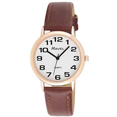 Ravel Montre Bracelet Femme Facile à Lire avec de Gros Chiffres Cadran Blanc/Ton Rose Or/Marron Ravel Montre Bracelet Femme Facile à Lire avec de Gros Chiffres Cadran Blanc/Ton Rose Or/Marron