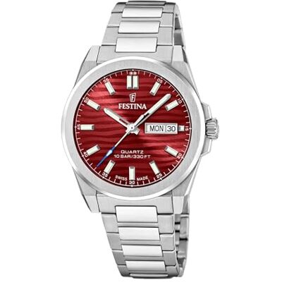Festina Montre dateur Classic Steel Swiss Made, Red, 39.8, bracelet Festina Montre dateur Classic Steel Swiss Made, Red, 39.8, bracelet