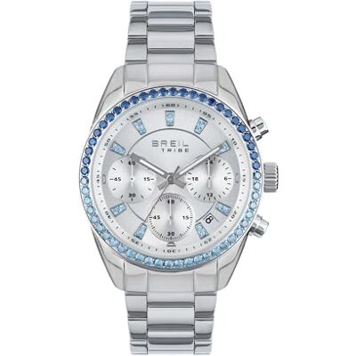 BREIL , Collection Azure, chronographe femme, montre femme avec bracelet en acier, résistant à l'eau, mouvement à quartz, boîtier 36 mm, fermeture par boutons, argent, Moderne BREIL , Collection Azure, chronographe femme, montre femme avec bracelet en acier, résistant à l'eau, mouvement à quartz, boîtier 36 mm, fermeture par boutons, argent, Moderne