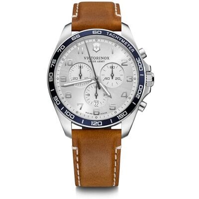Victorinox Montre Homme Fieldforce Chrono Ø 42 mm, Swiss Made, Quartz Analogique, Étanche jusqu’à 100 m, Verre Saphir, Bracelet Cuir, Brun/Blanc Victorinox Montre Homme Fieldforce Chrono Ø 42 mm, Swiss Made, Quartz Analogique, Étanche jusqu’à 100 m, Verre Saphir, Bracelet Cuir, Brun/Blanc