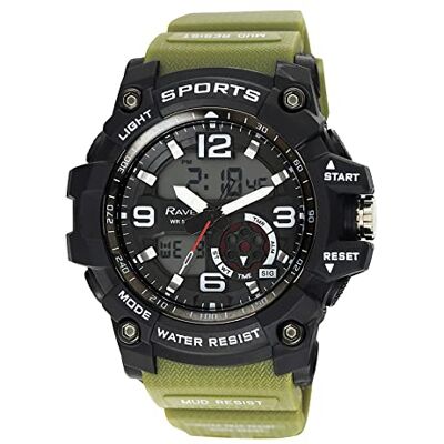 Ravel Montre à quartz Ana-Digi 5 ATM pour homme avec lumière – RDT.2, vert kaki, Sangle Ravel Montre à quartz Ana-Digi 5 ATM pour homme avec lumière – RDT.2, vert kaki, Sangle