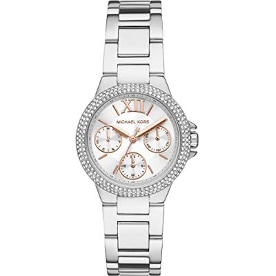 Michael Kors Camille montre pour femme, mouvement chronographe avec bracelet en acier inoxydable ou en cuir, Ton argent et blanc Michael Kors Camille montre pour femme, mouvement chronographe avec bracelet en acier inoxydable ou en cuir, Ton argent et blanc