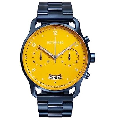 DeTomaso SORPASSO Chrono Giallo BLU Montre à quartz analogique pour homme Bracelet en acier Bleu foncé, jaune, Bracelet DeTomaso SORPASSO Chrono Giallo BLU Montre à quartz analogique pour homme Bracelet en acier Bleu foncé, jaune, Bracelet