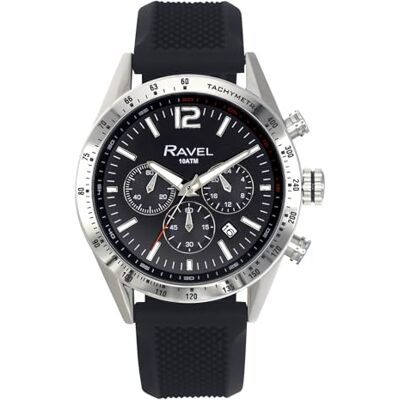 Ravel Pro Montre chronographe ronde en acier inoxydable avec date Étanche jusqu'à 100 m Quartz Analogique RPR, Bracelet en silicone noir / cadran noir, Sangle Ravel Pro Montre chronographe ronde en acier inoxydable avec date Étanche jusqu'à 100 m Quartz Analogique RPR, Bracelet en silicone noir / cadran noir, Sangle