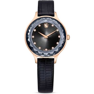 Swarovski Montre Octea Nova, fabriquée en Suisse, bracelet en cuir noir, finition or rose Swarovski Montre Octea Nova, fabriquée en Suisse, bracelet en cuir noir, finition or rose