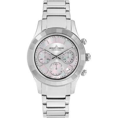 JACQUES LEMANS Montre Femme Venice Bracelet Métal Chronographe Pierres Swarovski 1-2151F, Bracelet Métal/Argent, Bracelet en métal/argent JACQUES LEMANS Montre Femme Venice Bracelet Métal Chronographe Pierres Swarovski 1-2151F, Bracelet Métal/Argent, Bracelet en métal/argent